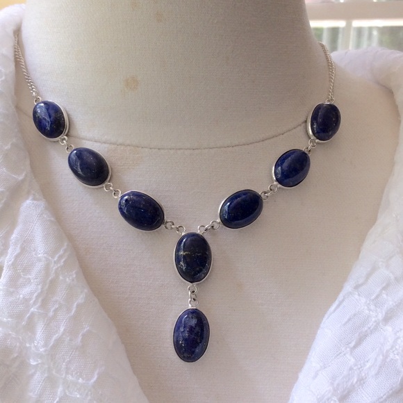Sterling Silver Lapis Lazuli Necklace & Earrings Set 20” - Picture 2 of 14